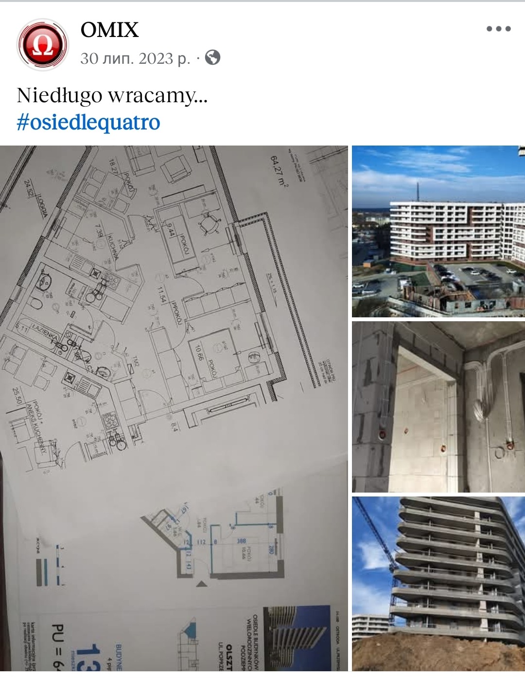 Rzut mieszkania z instalacją elektryczną w surowym stanie, wizualizacja budynku i plan zagospodarowania osiedla. Prezentacja postępów prac budowlanych.