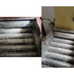 INSTALERSI.PL GAZDOKTOR.PL - Paweł Heczko - Zanieczyszczony wymiennik ciepła kotła gazowego, widoczne osady i korozja. Dwa ujęcia: zbliżenie na zabrudzone żebra i szerszy kadr z elementami obudowy.