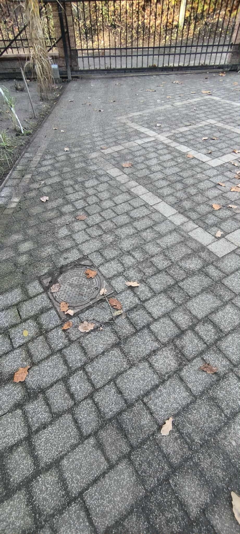 Szara kostka brukowa z liśćmi i studzienką kanalizacyjną, widok z góry, w tle brama z metalowymi prętami. Jesienne otoczenie.