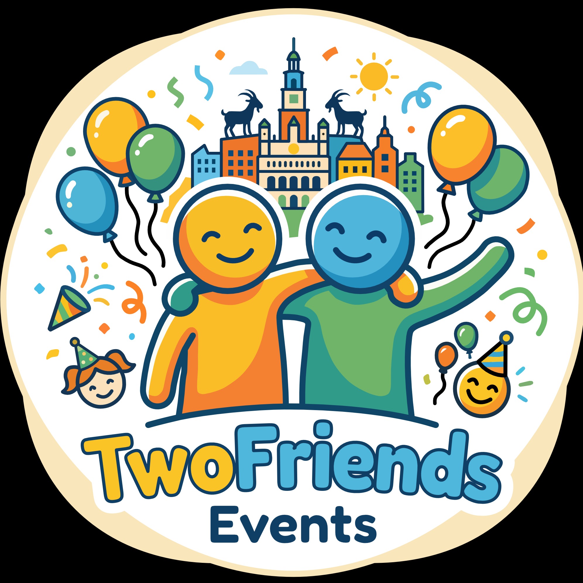 Kolorowa grafika z dwoma uśmiechniętymi postaciami, balonami, konfetti i napisem 'TwoFriends Events', sugerująca usługi agencji eventowej lub animatora dla dzieci.