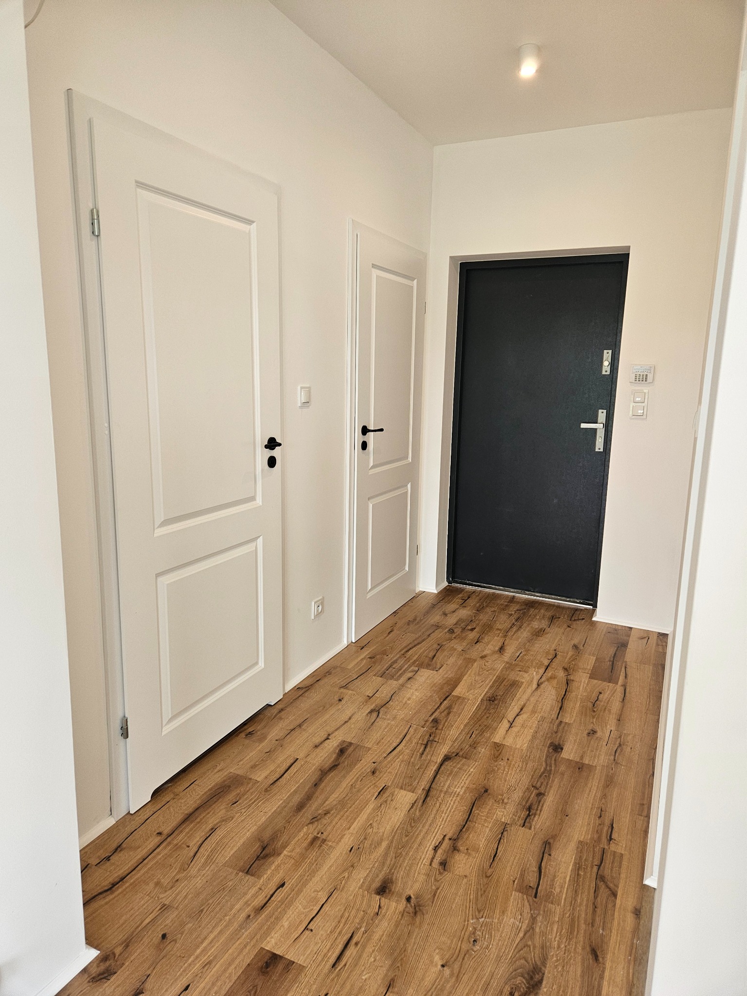 Jasne wnętrze korytarza z drewnianą podłogą, białymi drzwiami z czarnymi klamkami i ciemnymi drzwiami wejściowymi. Minimalistyczny design, świeżo po remoncie.