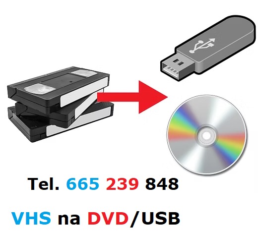 Ilustracja przedstawia proces przegrywania kaset VHS na nośniki cyfrowe: DVD i USB. Widoczne kasety VHS, czerwona strzałka, pendrive i płyta DVD. Na dole numer telefonu i napis.