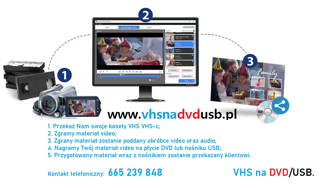 Przegrywanie kaset VHS oraz VHSC na płyty DVD oraz pamięć zewnętrzną USB. Zapraszamy :-)