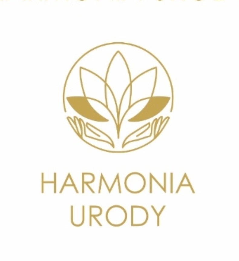 Złote logo 'Harmonia Urody' z motywem roślinnym w okręgu i dłońmi, na białym tle. Minimalistyczny design, elegancki i subtelny.