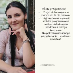 Przestrzeń Uwolnienia Anna Olszowy - Portret kobiety z długimi, ciemnymi włosami i kolczykami z piórkami, uśmiechającej się do kamery. Obok niej tekst z poradami dotyczącymi przygotowania.