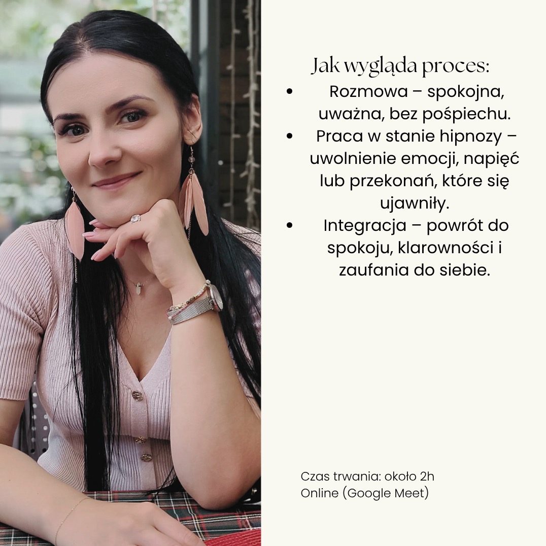 Portret kobiety z tekstem o procesie: rozmowa, praca w stanie hipnozy, integracja. Czas trwania: 2h, online (Google Meet). Kolczyki z piór, subtelna biżuteria.