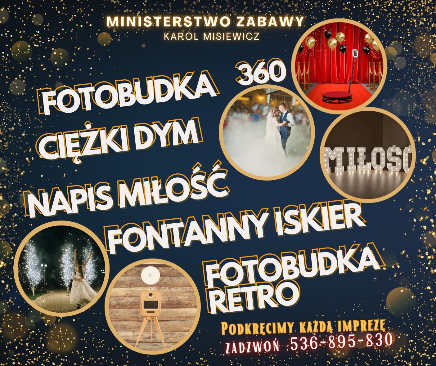 Grafika reklamowa z ofertą: fotobudka 360, ciężki dym, napis miłość, fontanny iskier, fotobudka retro. Dekoracyjne tło w kolorze granatowym ze złotymi elementami.