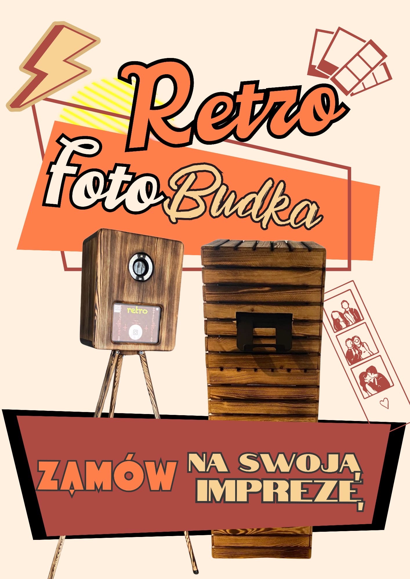 Grafika retro: drewniana fotobudka z napisem 'Retro Foto Budka', hasłem 'Zamów na swoją imprezę' i stylizowanymi zdjęciami.