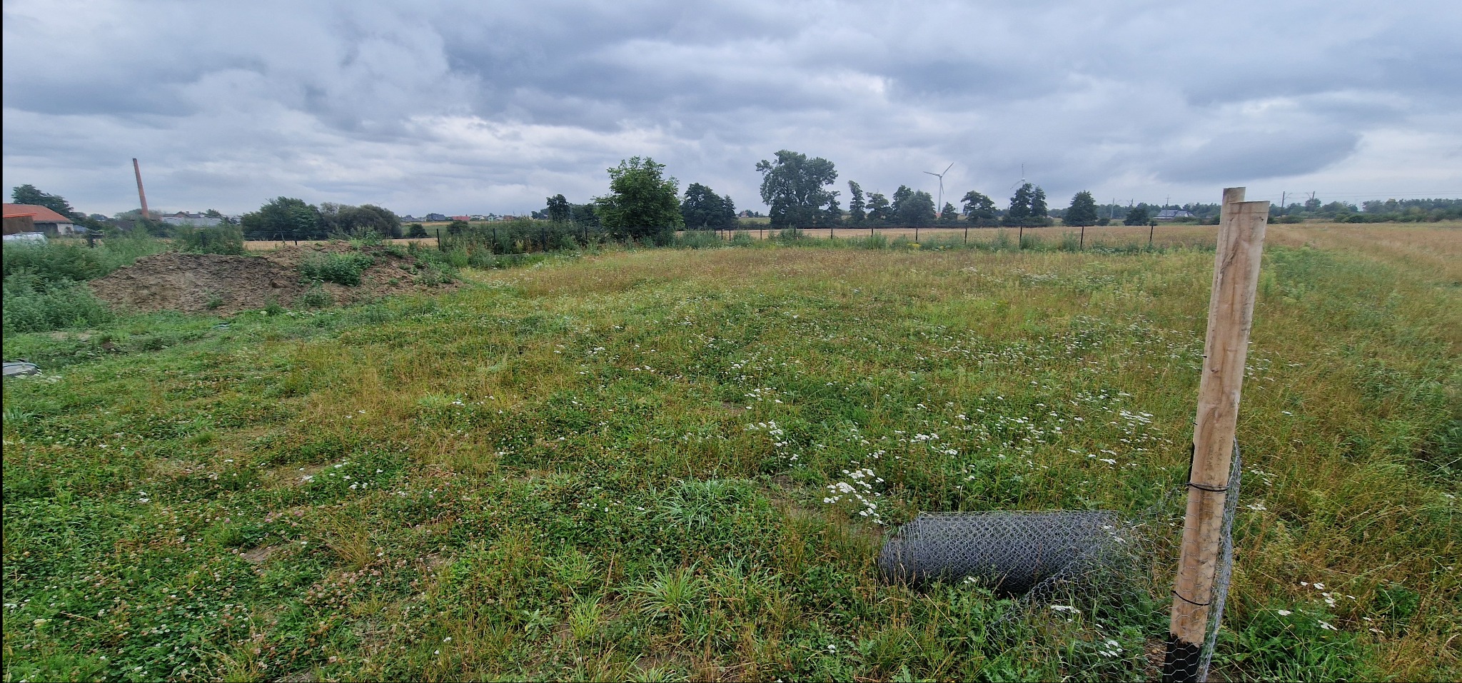 Niezagospodarowana działka z wysoką trawą i kwiatami, w tle drzewa i turbiny wiatrowe. Na pierwszym planie słupek ogrodzeniowy i zwinięta siatka.