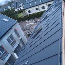 LEONID VASHCHENKO - Nowy, grafitowy dach z oknami połaciowymi na tle budynków mieszkalnych. Widok z góry ukazuje precyzyjne ułożenie blachy na rąbek stojący.