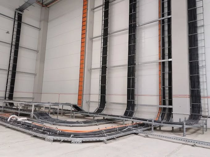 Profesjonalnie ułożone kable w korytach i na drabinkach kablowych w hali. Widoczne pionowe i poziome trasy kablowe w kolorach czarnym i pomarańczowym.