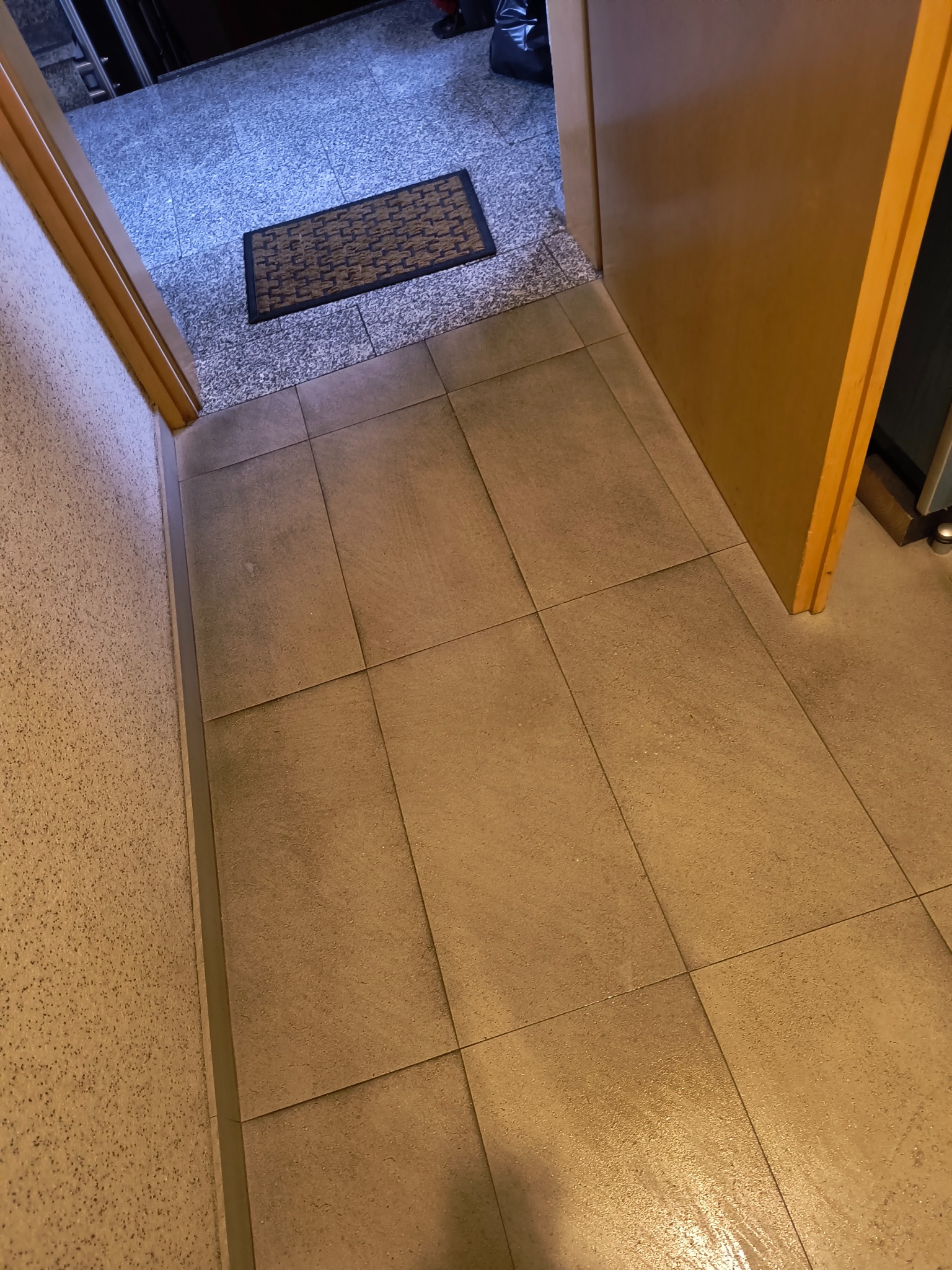 Kafelki podłogowe w przedpokoju, widoczne ślady użytkowania i zabrudzenia. Wykładzina podłogowa przy wejściu. Otwarta drewniana rama drzwi.