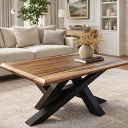 Pawel koscinski - Stylowy stolik kawowy z blatem z egzotycznego drewna i czarną, geometryczną podstawą w salonie z kominkiem i beżową sofą. Na blacie wazon z suszem.