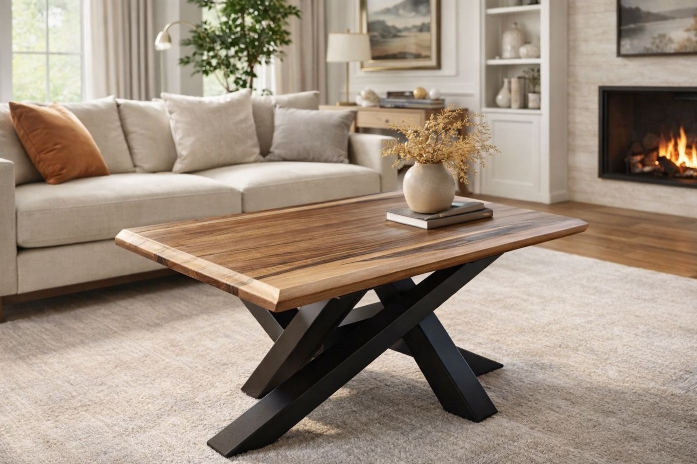 Stylowy stolik kawowy z blatem z egzotycznego drewna i czarną, geometryczną podstawą w salonie z kominkiem i beżową sofą. Na blacie wazon z suszem.