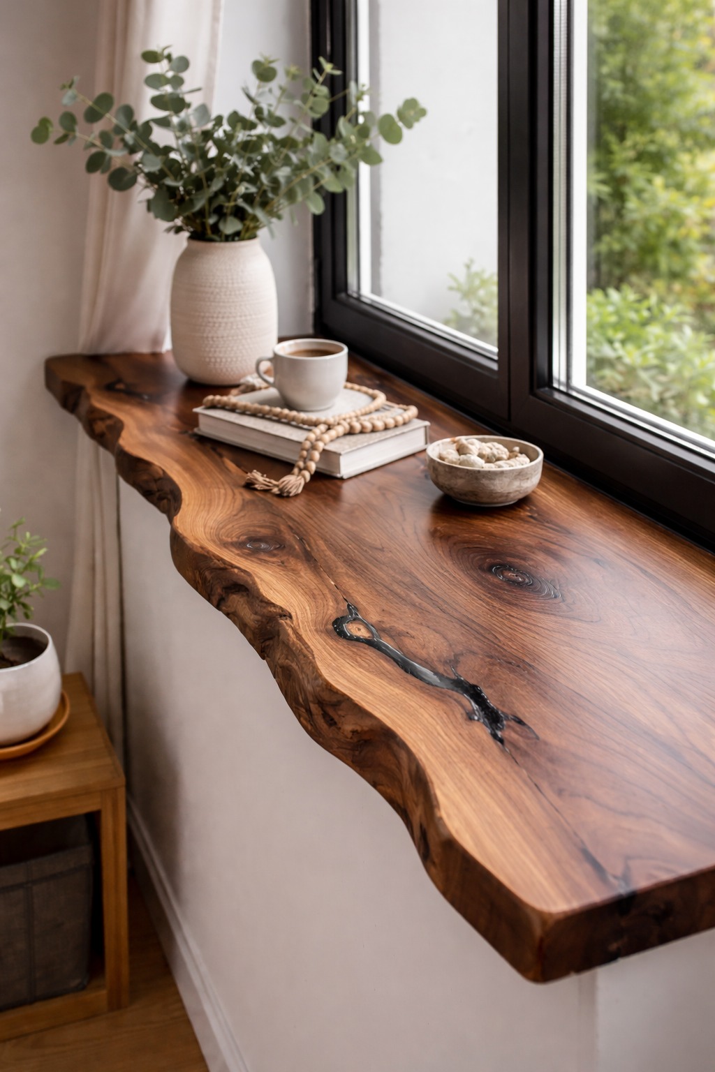 Naturalny, drewniany parapet z żywicą epoksydową, stylizowany na plaster drewna, z dekoracjami w postaci książki, kawy i roślin, pod oknem z czarną ramą.