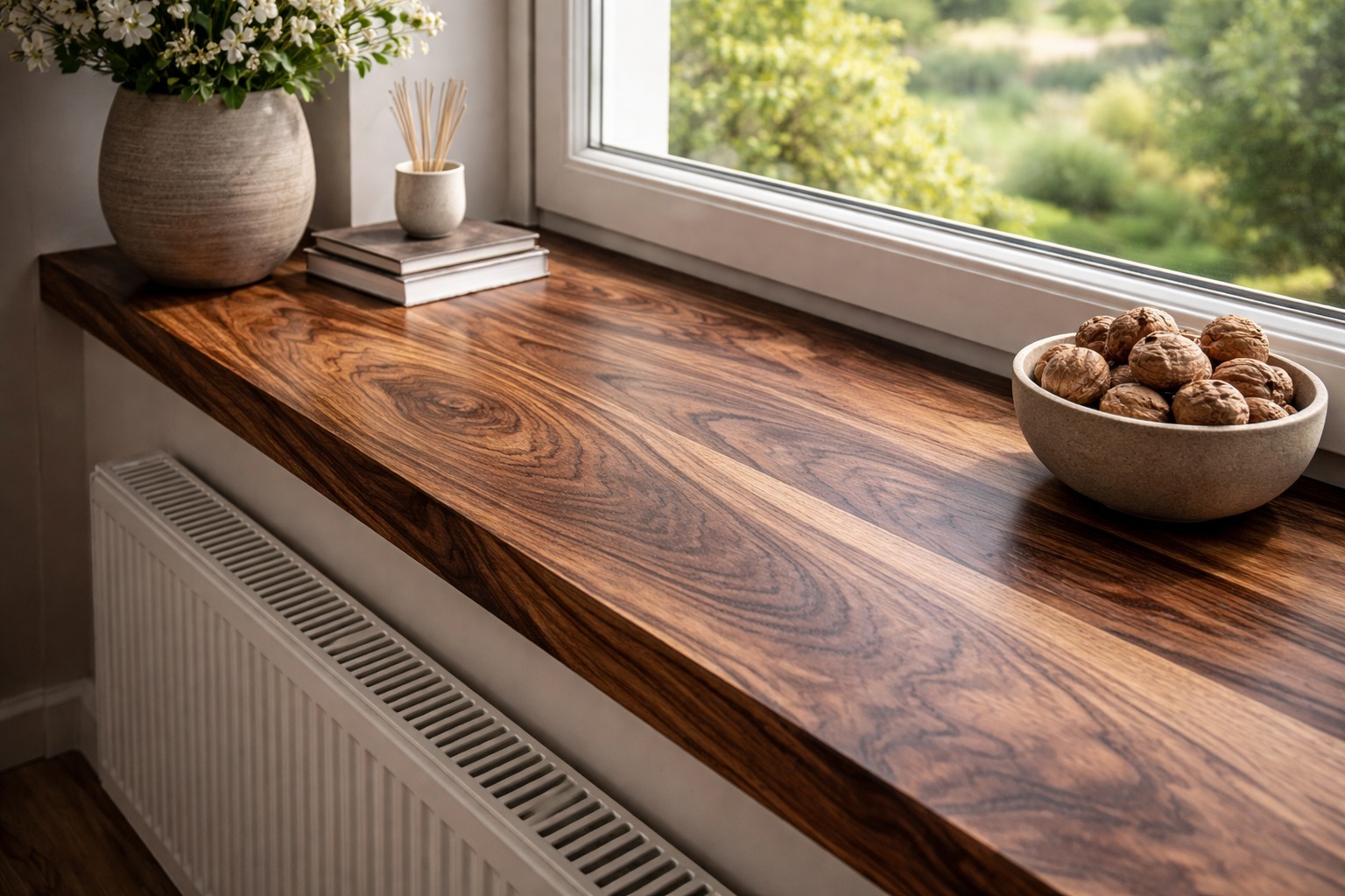 Ciemny, lakierowany parapet drewniany z widocznym rysunkiem słojów, na nim miska z orzechami, w tle okno z zielenią. Grzejnik pod parapetem.