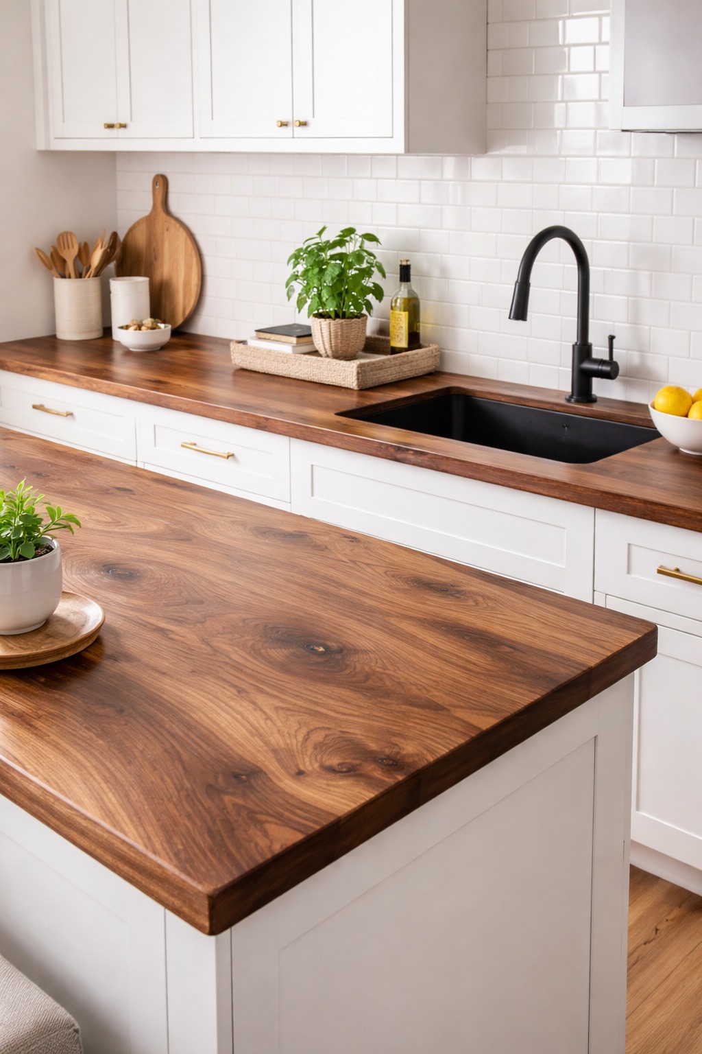 Kuchenny blat z drewna orzechowego, wykończony na wysoki połysk, z widocznym usłojeniem. Białe szafki, czarna armatura i subtelne dekoracje.