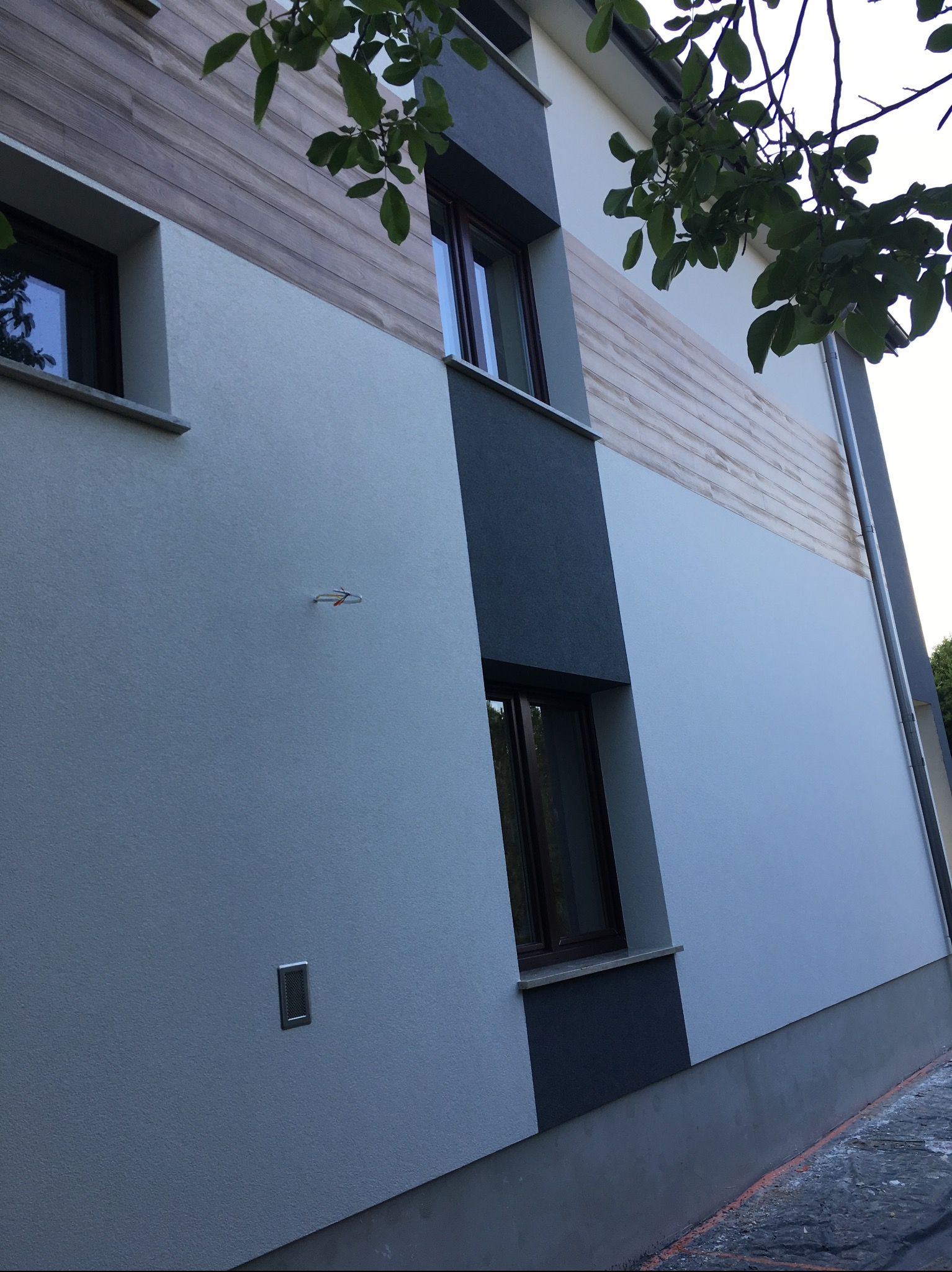 Elewacja budynku po malowaniu: jasnoszara ściana z drewnianym akcentem, ciemnoszare obramowania okien, widoczne liście drzew, nowoczesny styl.