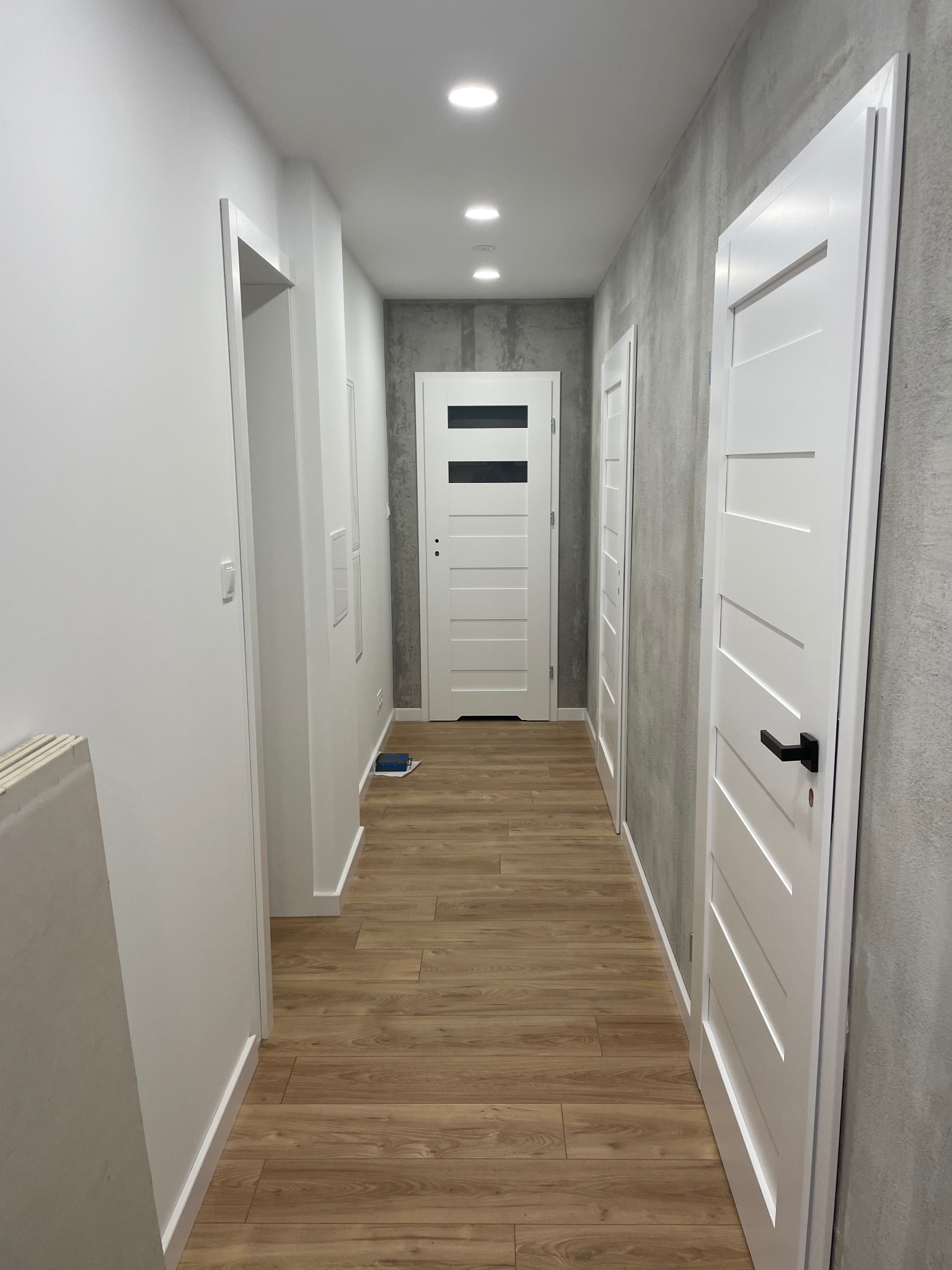 Wykończony korytarz z trzema białymi drzwiami, drewnopodobną podłogą i szarą ścianą. Oświetlenie sufitowe punktowe. Widok w perspektywie.