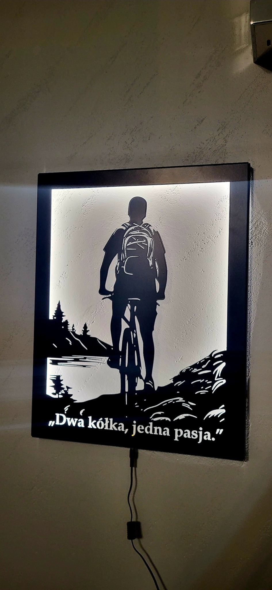 Podświetlany obraz w ramie, sylwetka rowerzysty z plecakiem na tle górskiego krajobrazu i jeziora. Napis: 'Dwa kółka, jedna pasja.'