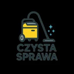 Grafika wektorowa: ż&oacute;łty odkurzacz na k&oacute;łkach z napisem 'Czysta Sprawa' i efektem czystości w postaci trzech niebieskich gwiazdek na czarnym tle.