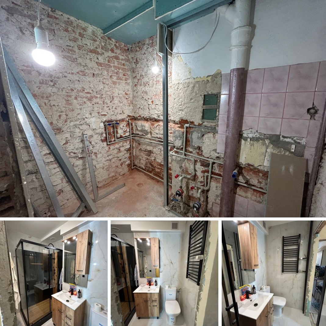 Fotografia łazienki w trakcie i po remoncie. Widoczne surowe ściany z instalacjami oraz wykończona łazienka z kabiną prysznicową, umywalką i toaletą.