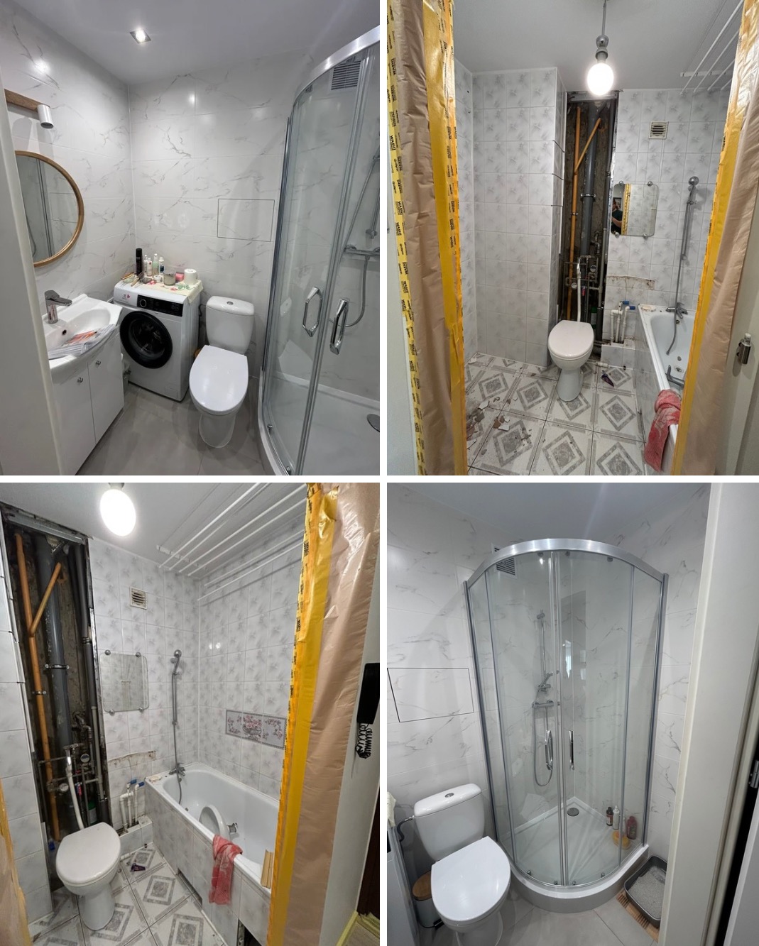 Kolaż prezentujący etapy metamorfozy łazienki: od stanu surowego z odsłoniętymi rurami po wykończoną kabinę prysznicową, umywalkę i pralkę. Widoczne płytki imitujące marmur.