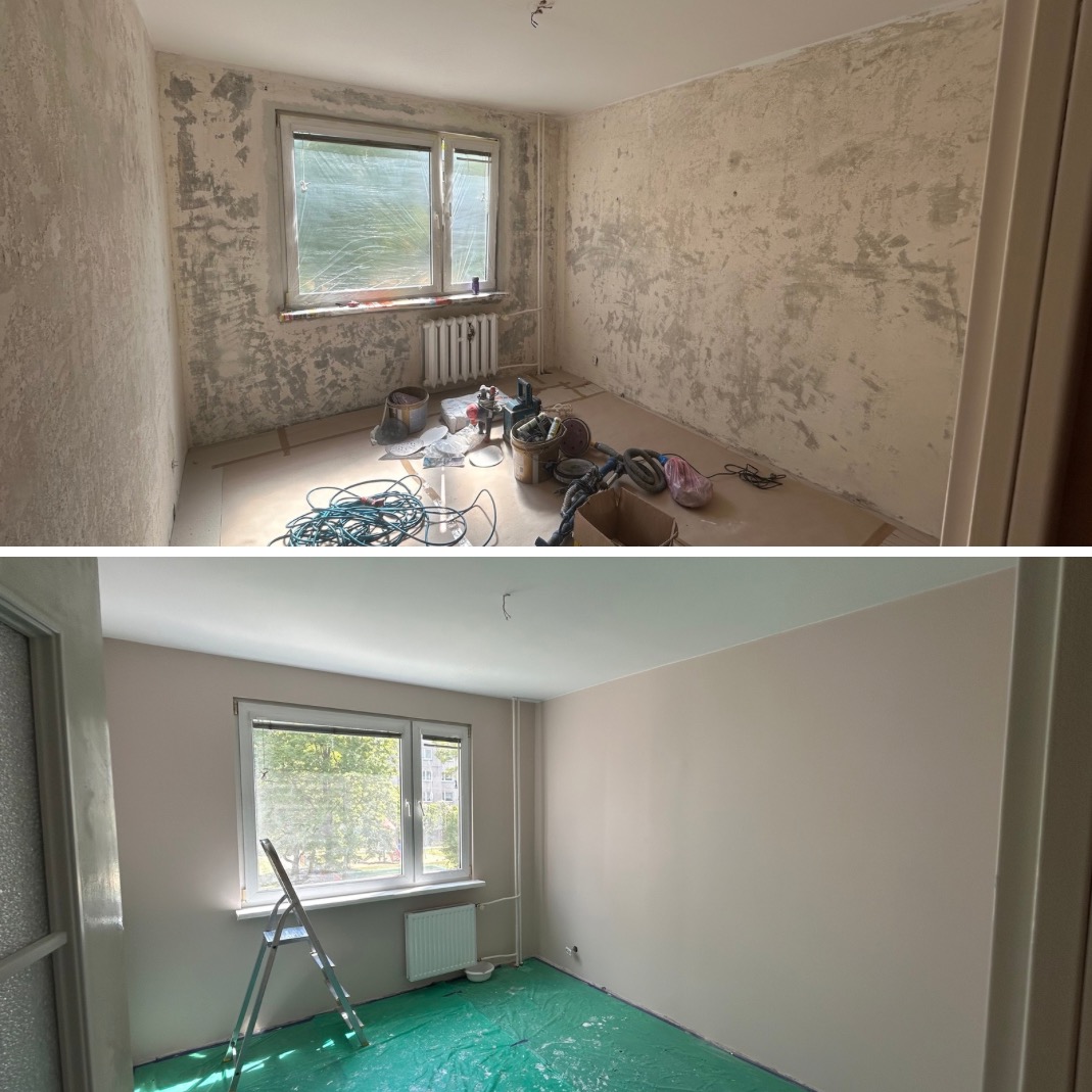 Pokój przed i po: ściany z resztkami starej farby i narzędziami kontra świeżo pomalowane, jasne ściany z zabezpieczoną podłogą i drabiną. Widok na okno.