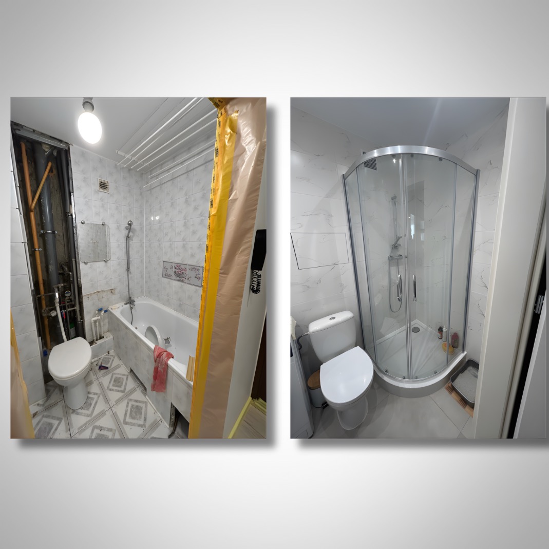 Zdjęcie 'przed i po' prezentujące metamorfozę łazienki: od stanu surowego z odsłoniętymi rurami do nowoczesnej kabiny prysznicowej i białych płytek.