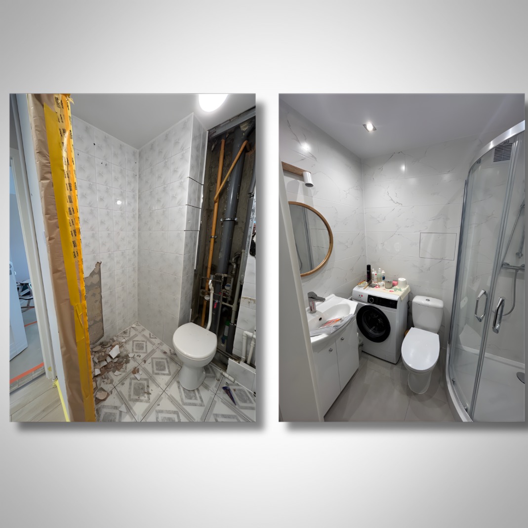 Remont łazienki: widok przed i po. Po lewej stan surowy z odsłoniętymi rurami, po prawej wykończona łazienka z kabiną prysznicową, umywalką i pralką.