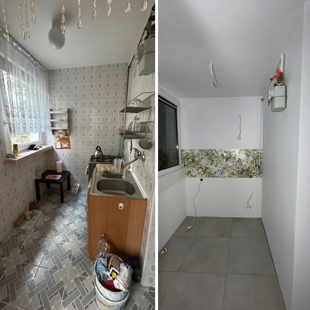Kuchenne 'przed i po': od retro płytek i bałaganu do minimalistycznej bieli z akcentem florystycznym. Nowe płytki podłogowe i świeże ściany.