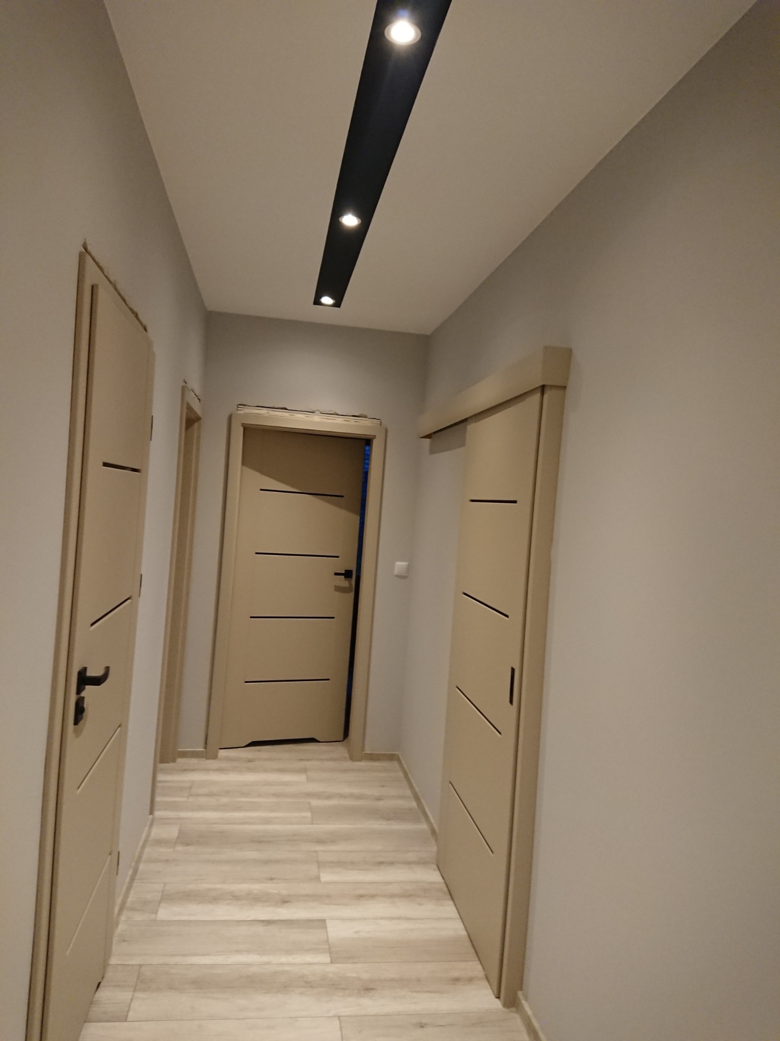 Nowoczesny korytarz z trzema beżowymi drzwiami o minimalistycznym designie i podłogą imitującą drewno. Czarne oświetlenie sufitowe podkreśla prostotę wnętrza.