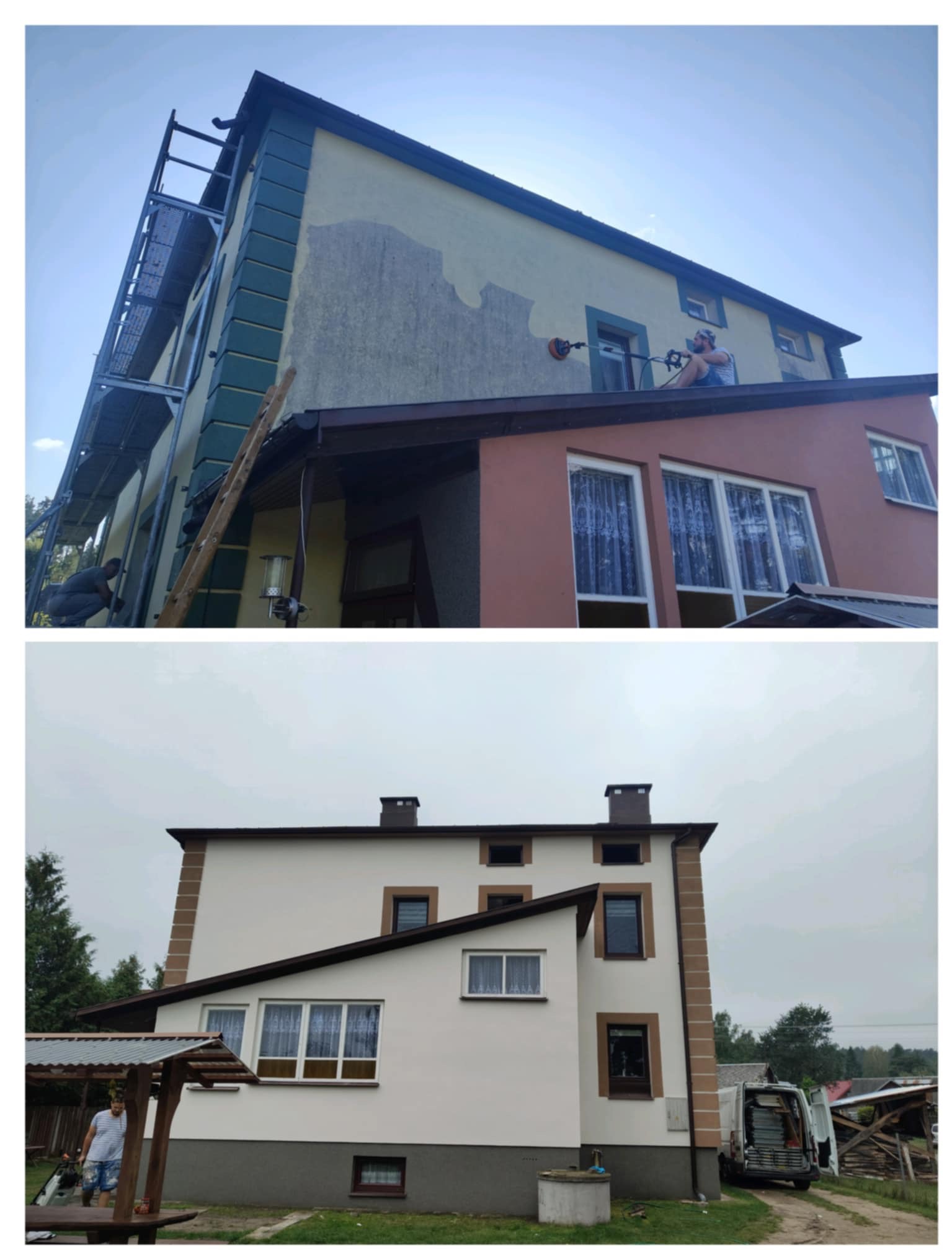 Dom przed i po renowacji elewacji: odcień kremowy z zielonymi akcentami, rusztowania, pracownik myjący ścianę, do świeżej, białej elewacji z brązowymi detalami.