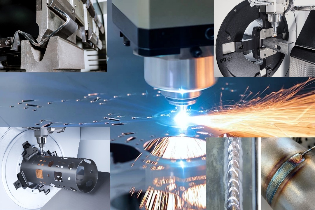 Kompozycja zdjęć z obróbki metalu: gięcie, cięcie laserowe, spawanie. Precyzyjna praca w Wojniczu. Iskry, detale maszyn, metalowe elementy.