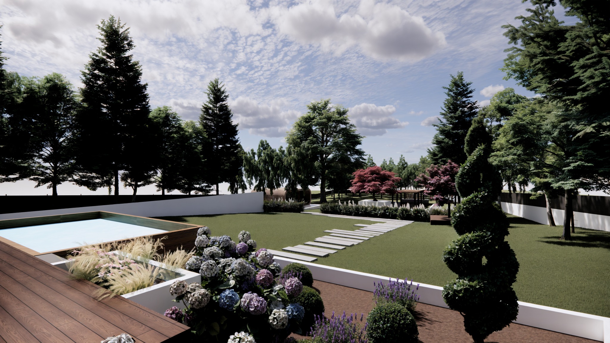 Wizualizacja ogrodu z basenem, ścieżką z płyt i różnorodną roślinnością: drzewa iglaste, krzewy kwitnące, trawa. Białe ogrodzenie w tle, błękitne niebo z chmurami.