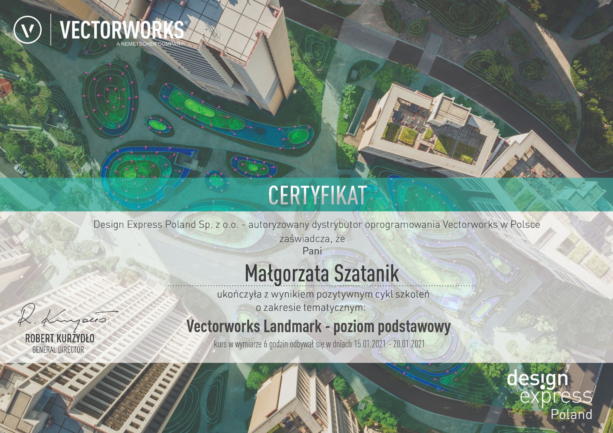 Certyfikat Vectorworks Landmark dla Małgorzaty Szatanik, ukończony kurs z zakresu projektowania ogrodów, widok z góry na budynki i zieleń.