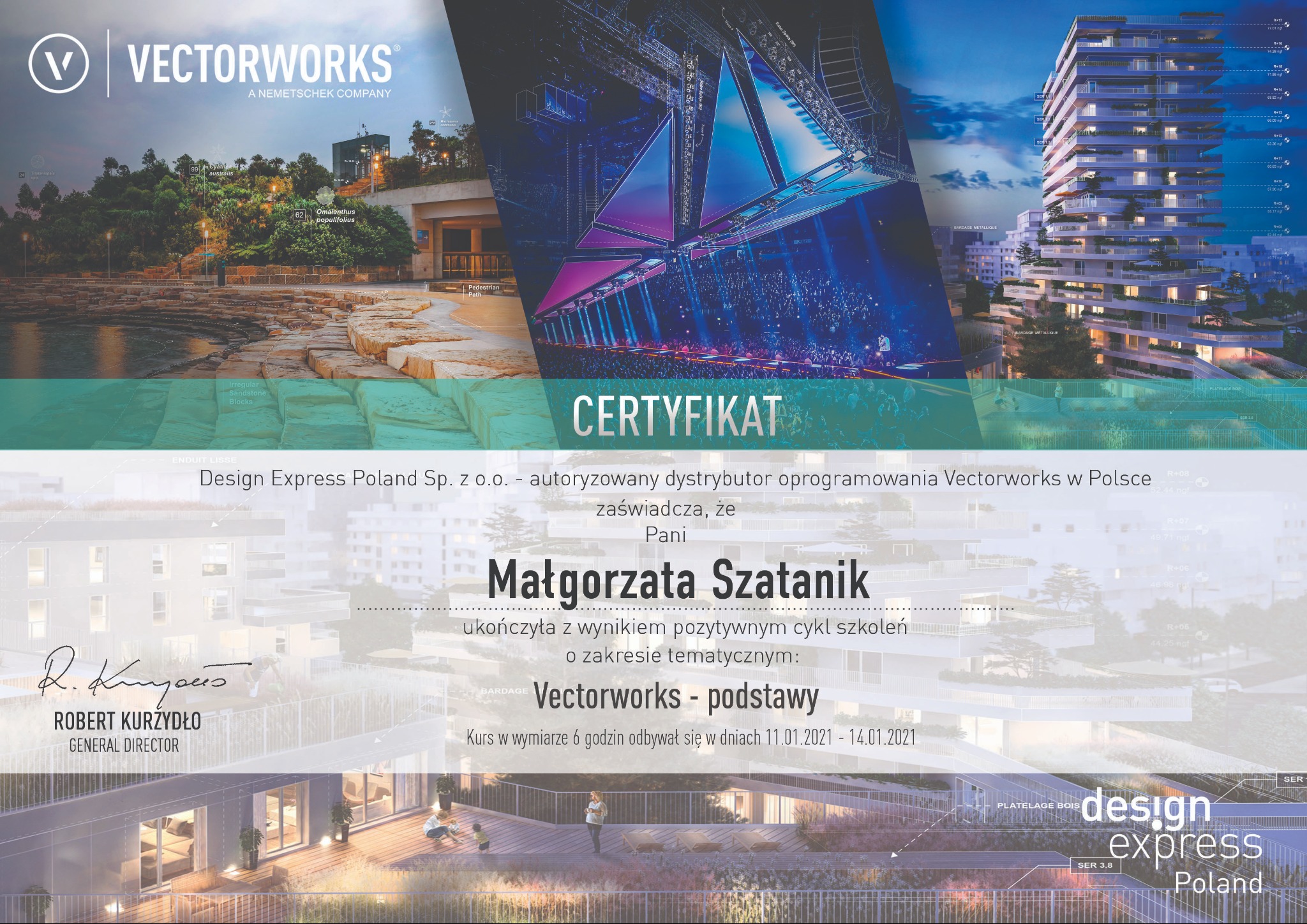 Certyfikat ukończenia szkolenia Vectorworks Design Express Poland z wizualizacjami projektów: ogrodu, sceny i budynku. Dokument potwierdzający kwalifikacje.