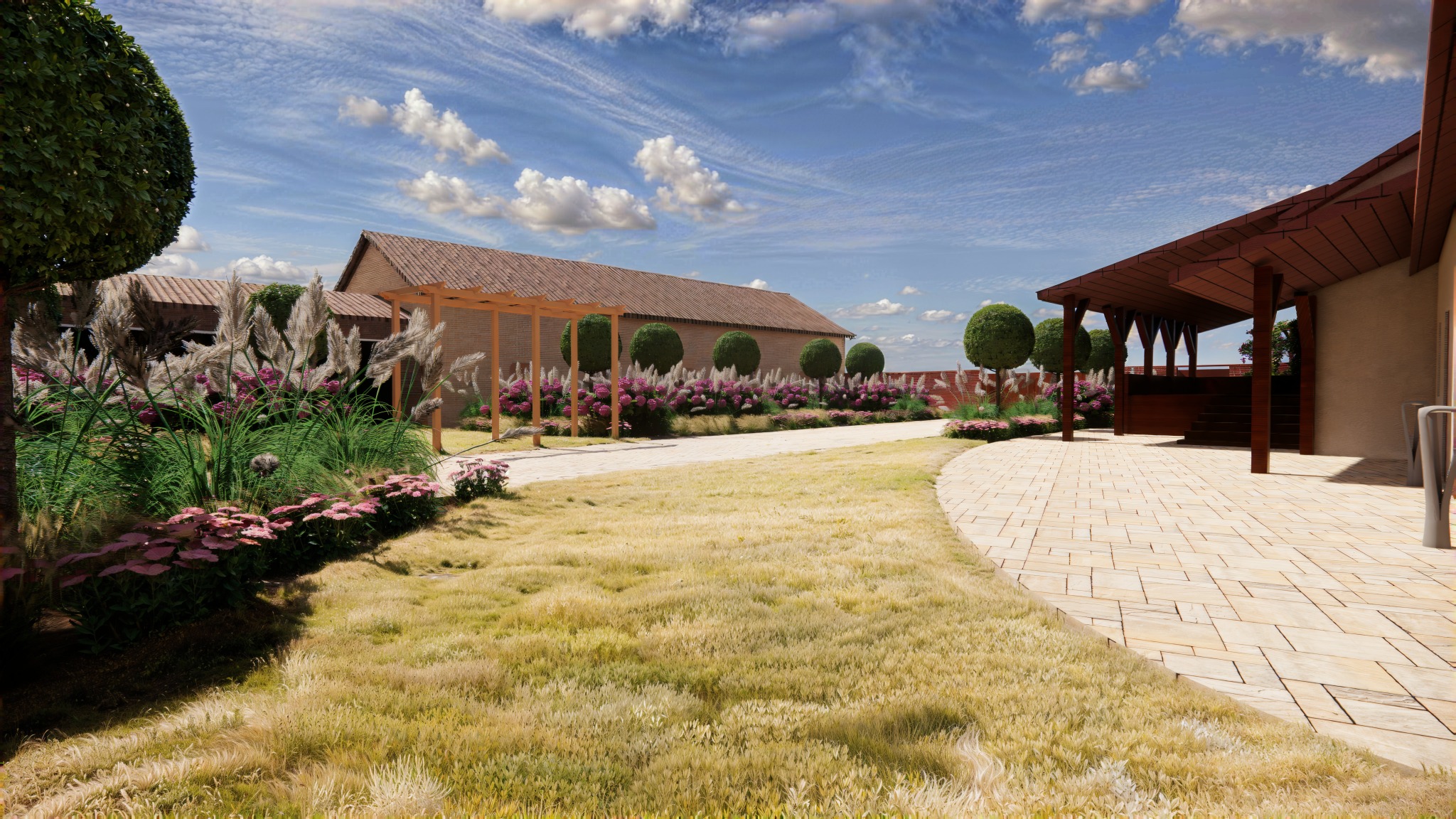 Wizualizacja ogrodu z pergolą, ścieżką z kostki i ozdobnymi roślinami. Trawa w odcieniach żółci i zieleni. Architektura krajobrazu z elementami rustykalnymi.