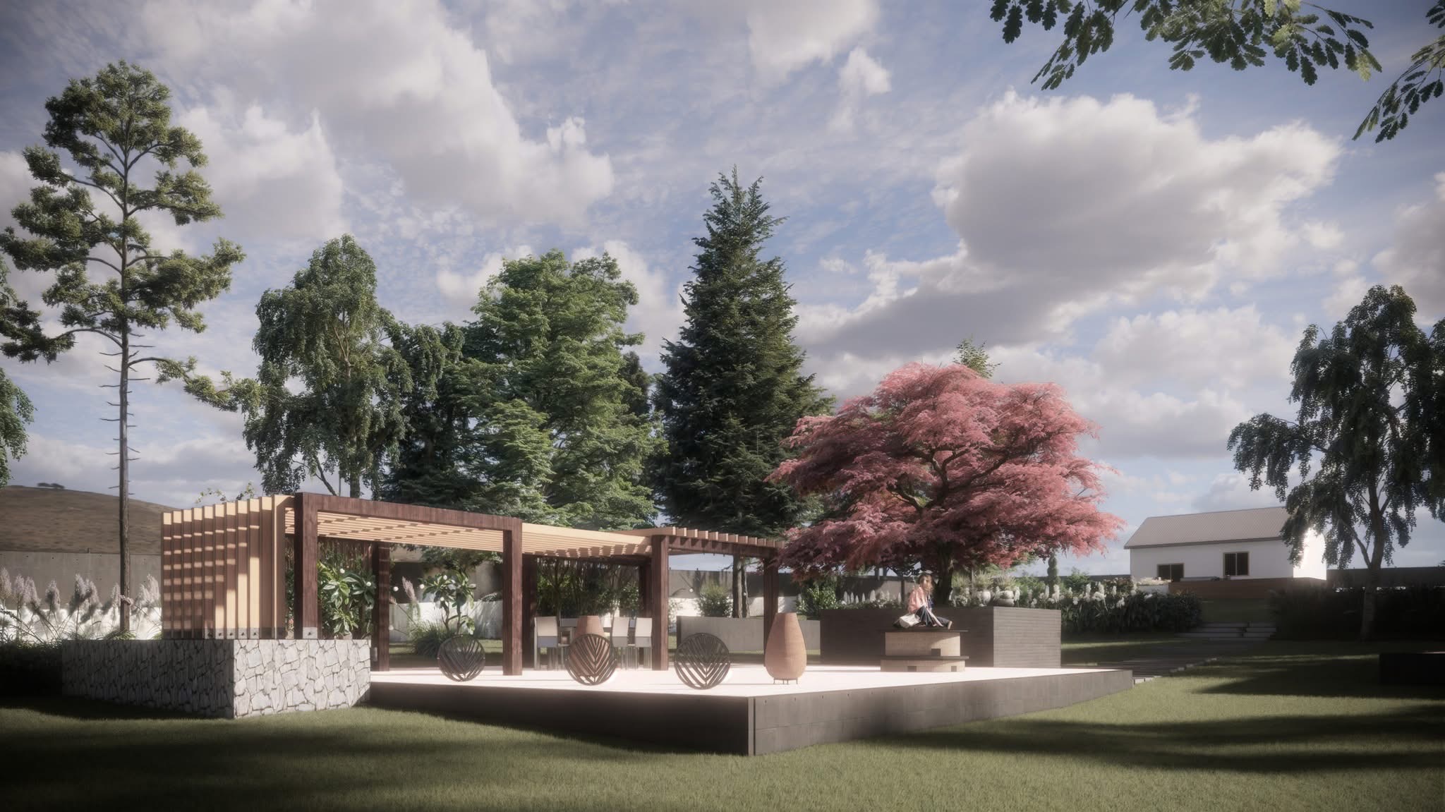Nowoczesna pergola z drewnianymi elementami i kamienną podstawą, otoczona zielenią i kwitnącym drzewem wiśniowym. Minimalistyczny design w przestrzeni ogrodu.