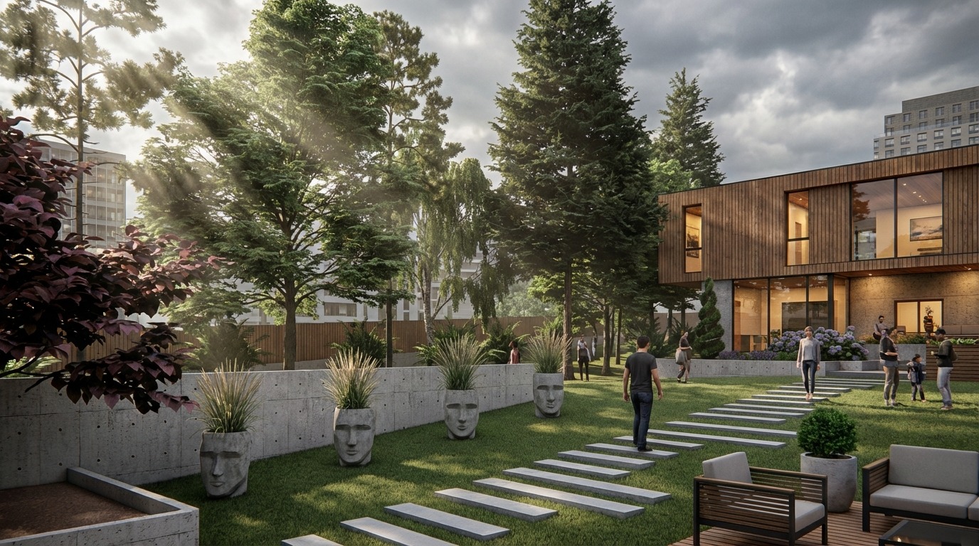 Nowoczesny ogród z geometrycznym układem ścieżek i donic w kształcie głów, otoczony zielenią i budynkiem z drewnianą elewacją w tle.