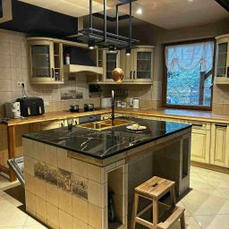 Arkadiusz Wojciech - Wykończona kuchnia w kremowych barwach z wyspą o czarnym blacie. Nad wyspą designerska lampa. W tle okno z widokiem na zieleń. Pies w lewym dolnym rogu.