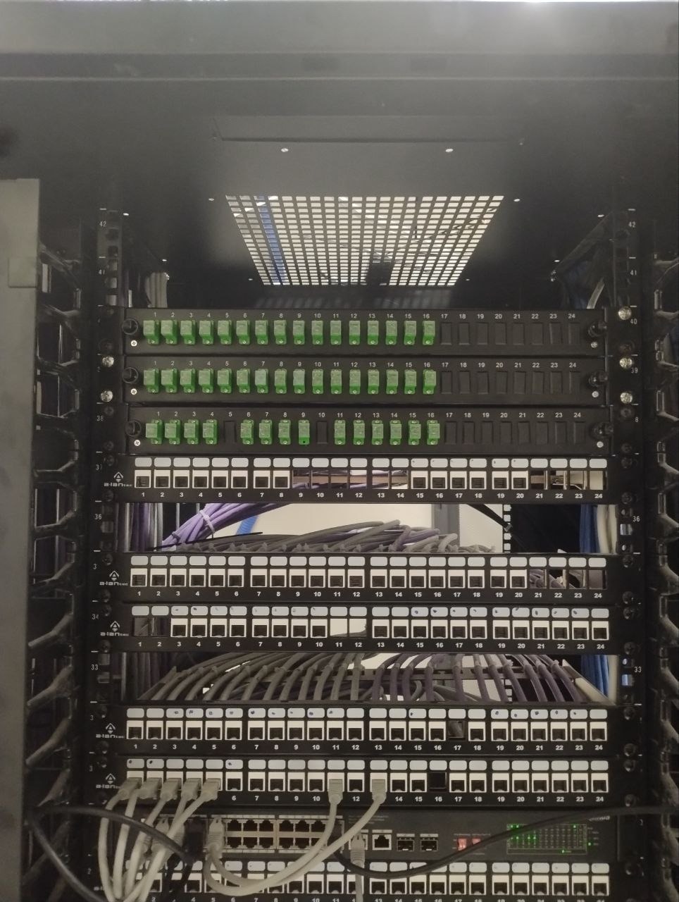 Szafa rack z panelami krosowniczymi i okablowaniem strukturalnym. Widoczne porty światłowodowe i ethernetowe. Numeracja portów ułatwia identyfikację połączeń.