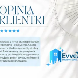 Grafika z opinią klientki o firmie sprzątającej Evvei, z pięcioma gwiazdkami i tekstem chwalącym profesjonalizm i dbałość o detale w przygotowaniu apartament&oacute;w.
