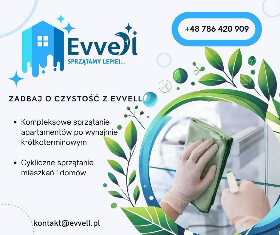 Grafika reklamowa: dłonie w rękawicach czyszczą szklaną powierzchnię. Logo firmy Evvell, hasło 'Sprzątamy lepiej', kontakt. Kompleksowe sprzątanie apartamentów.