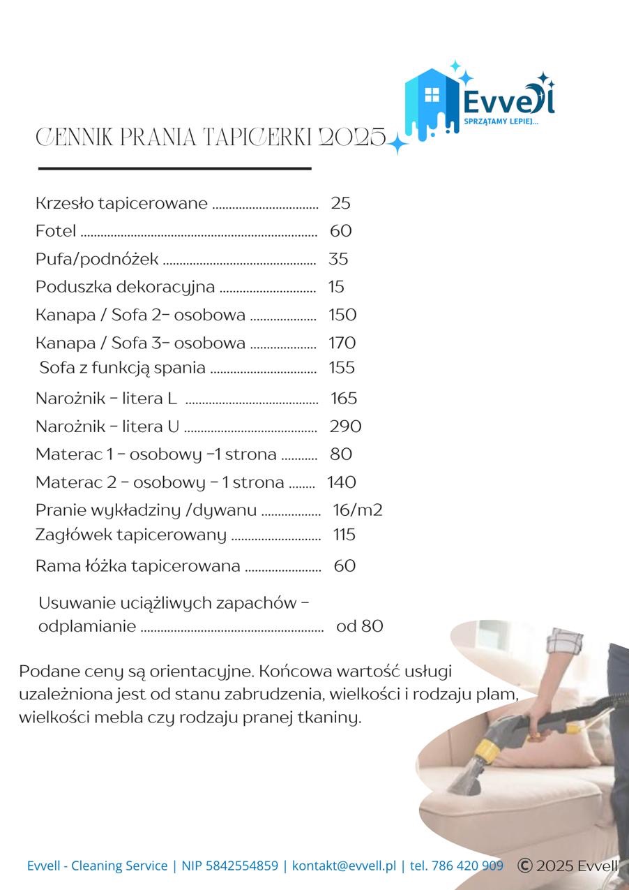 Cennik prania tapicerki na 2025 rok firmy Evvei, z wyszczególnionymi cenami za pranie krzeseł, foteli, kanap, materacy i innych elementów tapicerowanych.