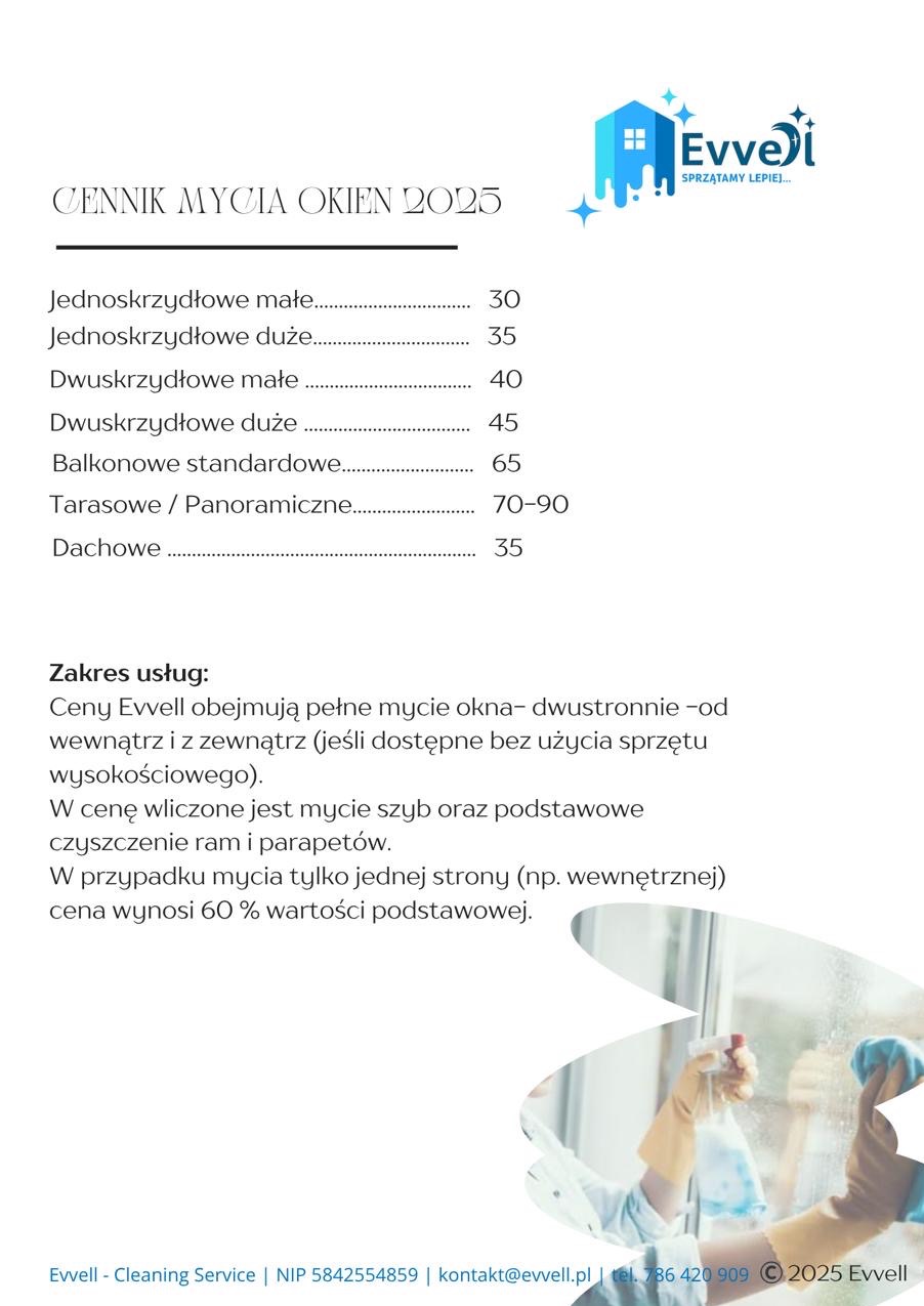 Cennik mycia okien 2025 firmy Evvell, obejmujący ceny za okna jednoskrzydłowe, dwuskrzydłowe, balkonowe, tarasowe i dachowe. Zawiera zakres usług i dane kontaktowe.