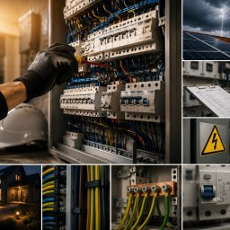 TBR RYSZARD ZWIERZYCKI - Elektryk w czarnych rękawicach precyzyjnie dokręca śrubokrętem połączenia w otwartej skrzynce rozdzielczej, obok leży biały kask.