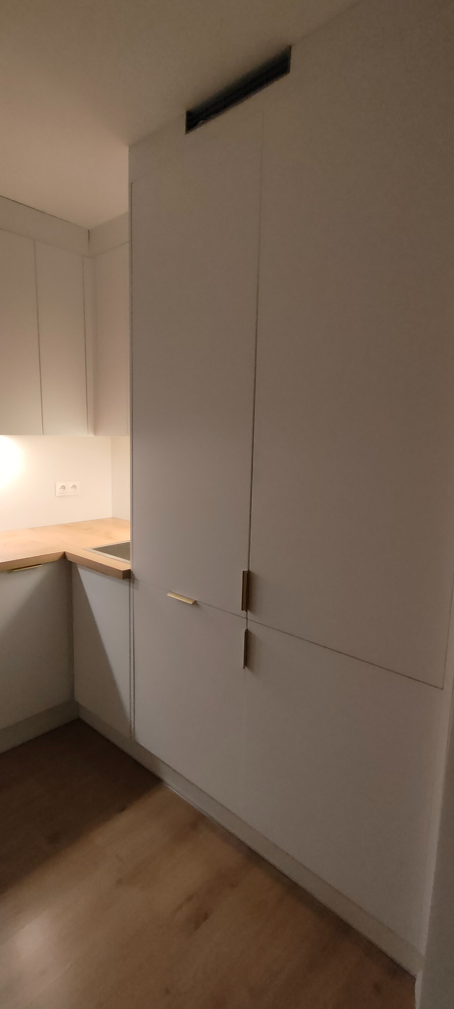 Nowoczesna, biała zabudowa kuchenna z drewnianym blatem i złotymi uchwytami. Widoczny fragment podłogi z paneli. Minimalistyczny design, oświetlenie podszafkowe.