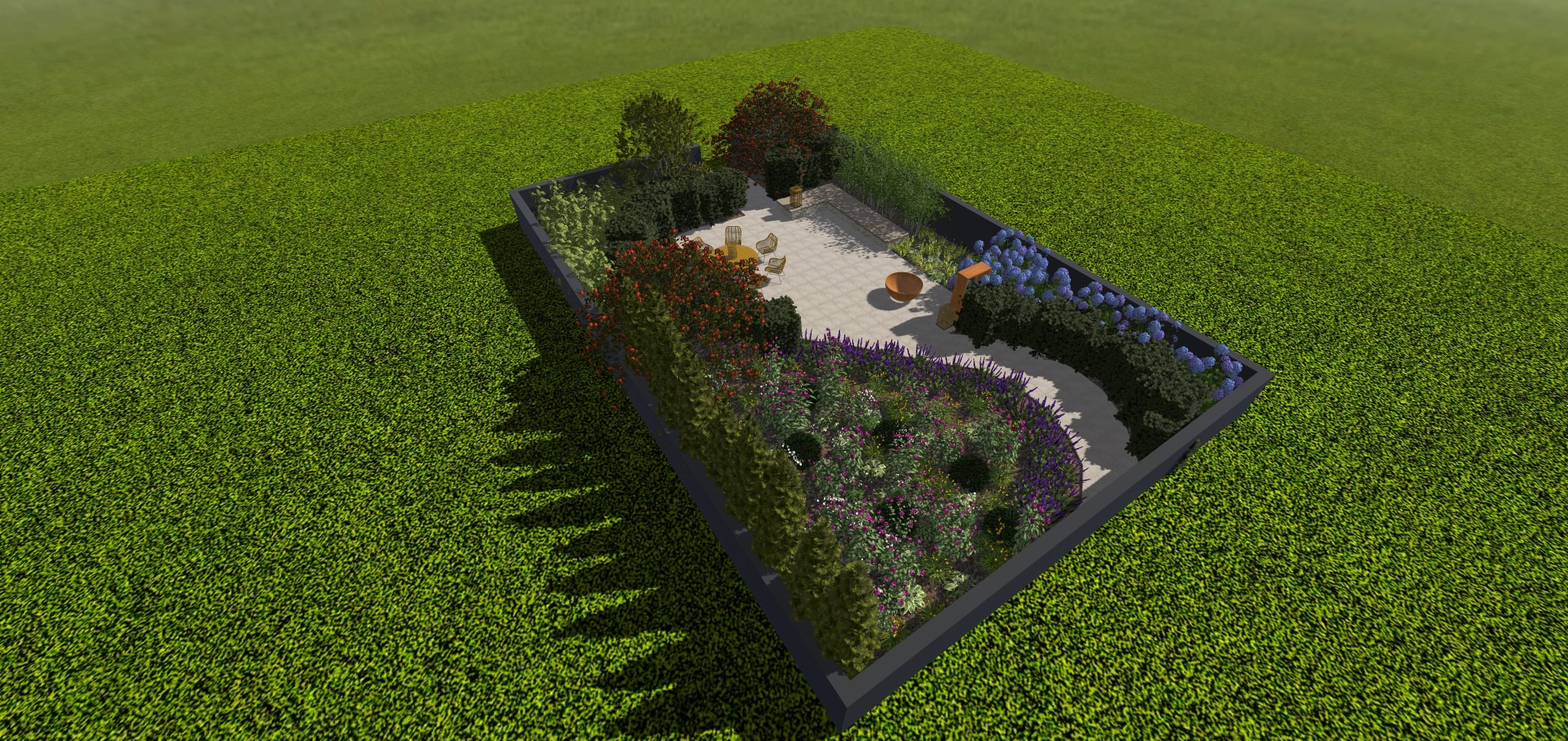 Wizualizacja 3D ogrodu z patio, meblami ogrodowymi i bogatą roślinnością. Widok z góry ukazuje kompozycję rabat, trawnika i strefy relaksu.