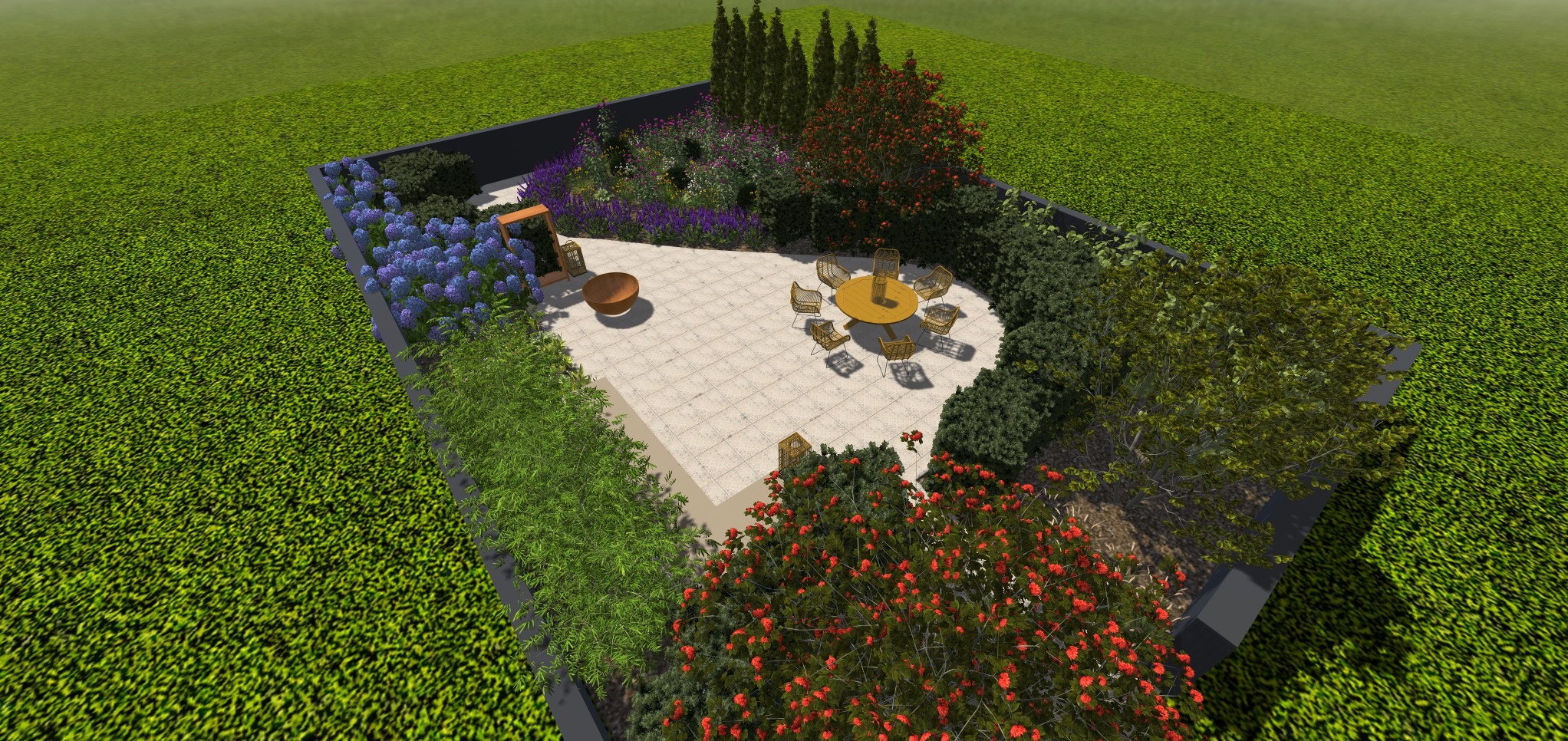 Wizualizacja ogrodu z tarasem, meblami ogrodowymi i różnorodną roślinnością. Widok z góry ukazuje kompozycję z kwiatów, krzewów i drzew w geometrycznym układzie.